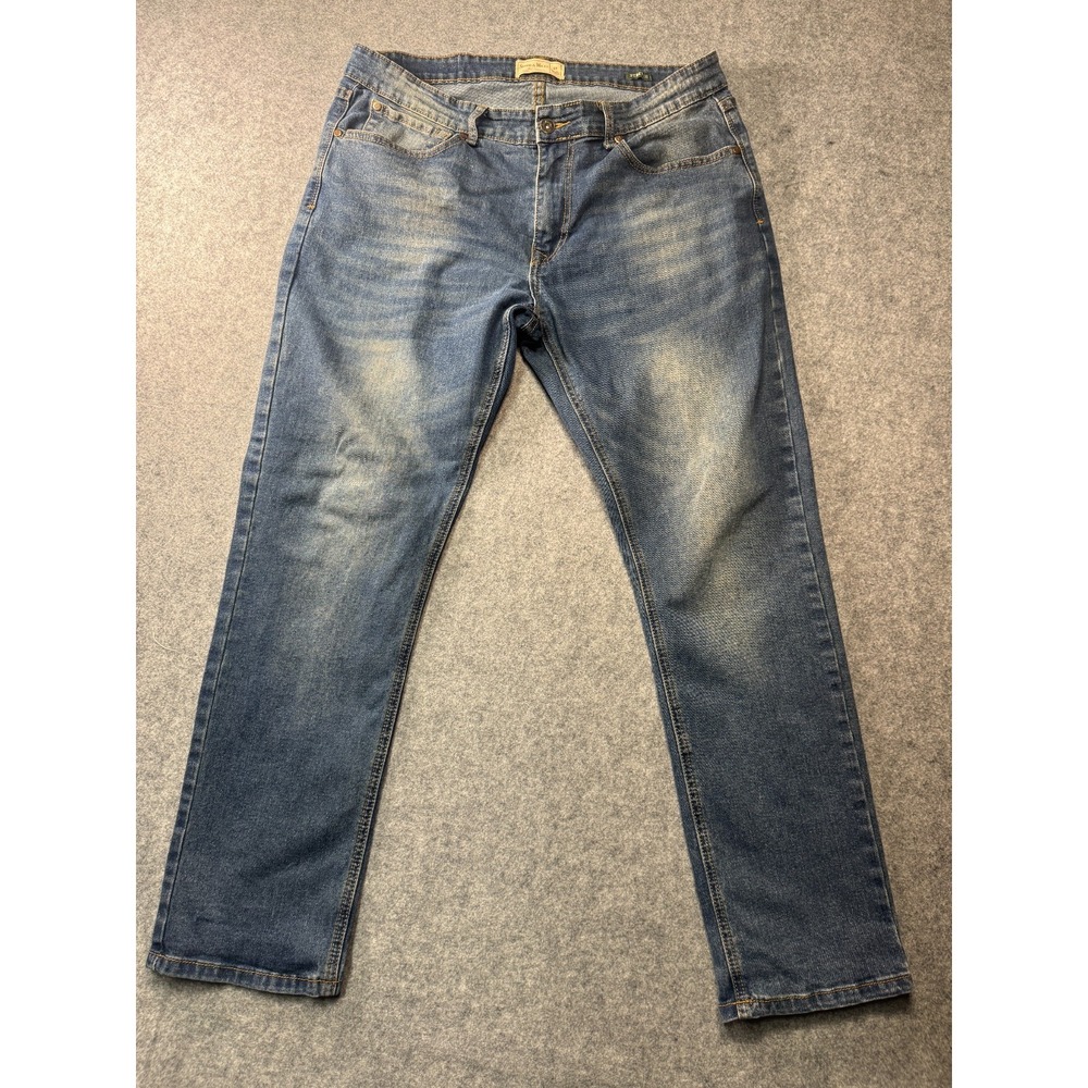 Smith & Mills Denim Straight Jeans 36 Blue Whiskering Stretch Logo Perfect Fit